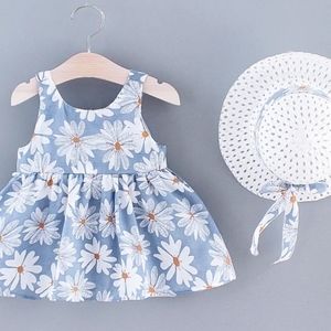 2pcs Baby Girl All Over Daisy Floral Print Bowknot Sleeveless Tank Dress w/ Hat